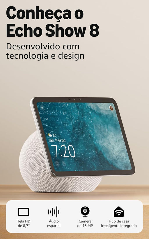 O Amazon Echo Show 8 (última geração) combina desempenho avançado, design refinado e inteligência ambiental num ecrã HD de 8,7", agora com 15% mais área de visualização.