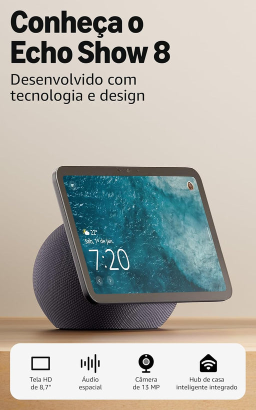 O Amazon Echo Show 8 (última geração) combina desempenho avançado, design refinado e inteligência ambiental num ecrã HD de 8,7", agora com 15% mais área de visualização.