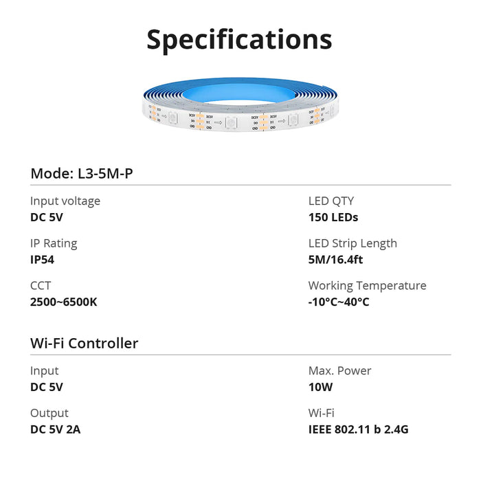 150 LED Smart RGBIC Wi-Fi Strip 5VDC (USB-C) IP54 - 5m - Sonoff L3 Pro - L3-5M-P