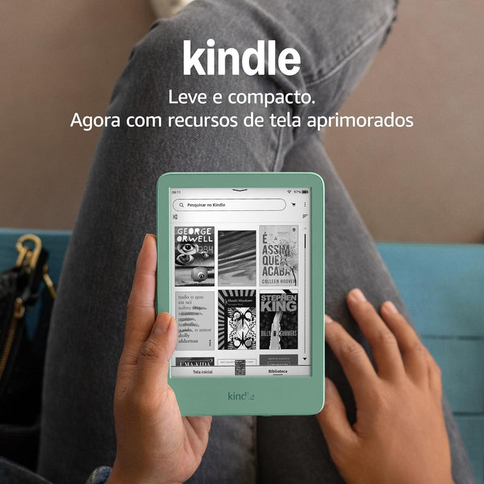 O Kindle mais leve e compacto, com ecrã de 6" e alta resolução de 300 ppi para apresentar texto e imagens de forma nítida. Ecrã antirreflexo semelhante ao papel verdadeiro.