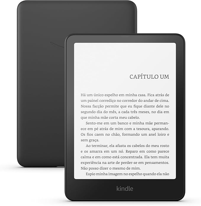 Kindle Paperwhite Signature Edition com 32 GB, um ecrã de 6,8 polegadas e 300 ppp que se lê como papel impresso, sem reflexo, carregamento sem fios e luz frontal auto-regulável.