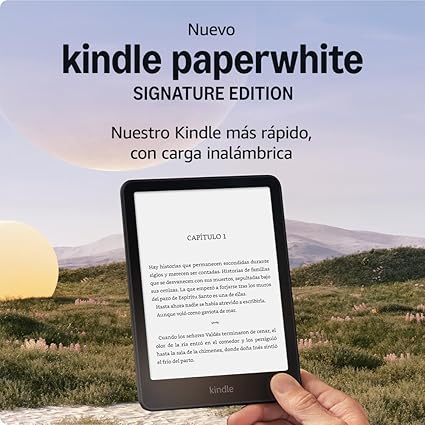 Kindle Paperwhite Signature Edition com 32 GB, um ecrã de 6,8 polegadas e 300 ppp que se lê como papel impresso, sem reflexo, carregamento sem fios e luz frontal auto-regulável.