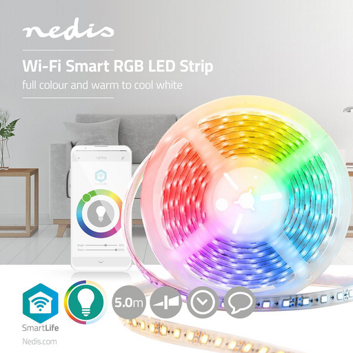 Esta fita LED inteligente da Nedis irá ajudá-lo a criar o ambiente perfeito em qualquer sala. Com a aplicação Nedis SmartLife/Tuya pode definir horários, automações ou controlar por voz, o brilho e a cor da fita LED.