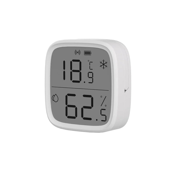 O Sonoff SNZB-02D é um sensor inteligente com ecrã LCD que permite visualizar a temperatura e a humidade em tempo real. Funciona sem fios (utiliza uma pilha) e comunica os dados através do protocolo Zigbee 3.0