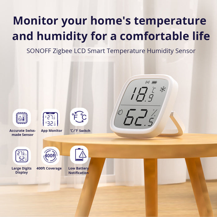 O Sonoff SNZB-02D é um sensor inteligente com ecrã LCD que permite visualizar a temperatura e a humidade em tempo real. Funciona sem fios (utiliza uma pilha) e comunica os dados através do protocolo Zigbee 3.0