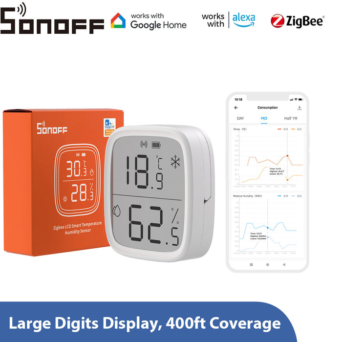 O Sonoff SNZB-02D é um sensor inteligente com ecrã LCD que permite visualizar a temperatura e a humidade em tempo real. Funciona sem fios (utiliza uma pilha) e comunica os dados através do protocolo Zigbee 3.0