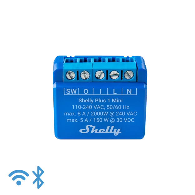 O Shelly Plus 1 Mini é um interrutor inteligente de formato pequeno com um contacto seco que permite o controlo remoto de aparelhos elétricos, através de um telemóvel, tablet, PC ou sistema de domótica.