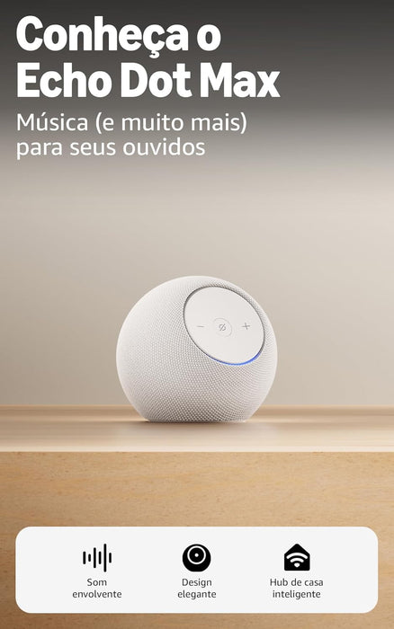 O Echo Dot Max é um altifalante inteligente projetado para oferecer áudio poderoso e envolvente, adaptando-se automaticamente ao ambiente para uma experiência sonora otimizada.