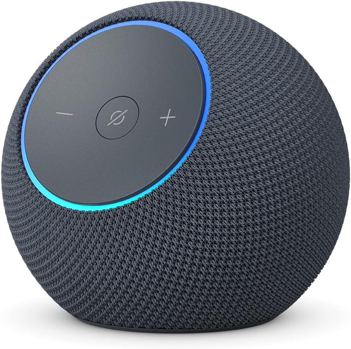 O Echo Dot Max é um altifalante inteligente projetado para oferecer áudio poderoso e envolvente, adaptando-se automaticamente ao ambiente para uma experiência sonora otimizada.