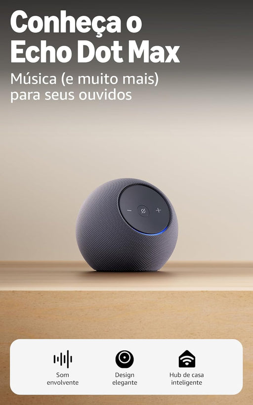 O Echo Dot Max é um altifalante inteligente projetado para oferecer áudio poderoso e envolvente, adaptando-se automaticamente ao ambiente para uma experiência sonora otimizada.
