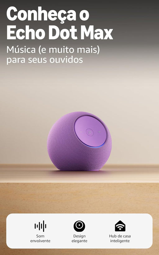 O Echo Dot Max é um altifalante inteligente projetado para oferecer áudio poderoso e envolvente, adaptando-se automaticamente ao ambiente para uma experiência sonora otimizada.