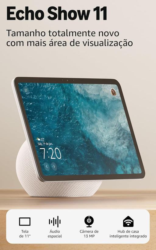 O Amazon Echo Show 11 combina desempenho avançado, design refinado, inteligência ambiental num ecrã Full HD de 11" e audio espacial com vozes mais nítidas.