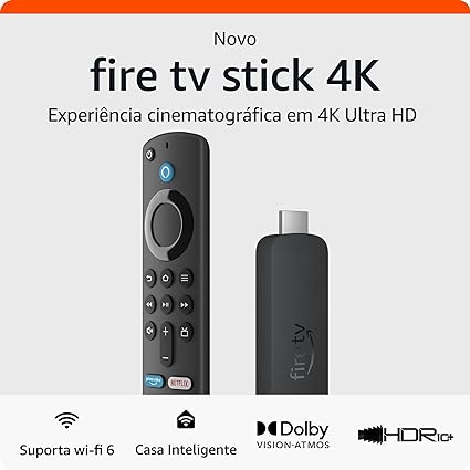 Amazon Fire TV Stick 4K 2023 tem 2GB RAM, 8GB ROM, HDR10+, Wi-Fi 6, Bluetooth 5.2. Melhora a experiência de streaming com a resolução 4K e processador quad-core de 1,7 GHz. 