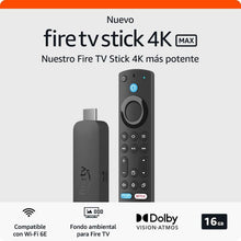 Load image into Gallery viewer, Amazon Fire TV Stick 4K Max 2023 tem 2GB RAM, 16GB ROM, HDR10+, Wi-Fi 6E, Bluetooth 5.2. Melhora a experiência de streaming com a resolução 4K e processador quad-core de 2.0 GHz. 
