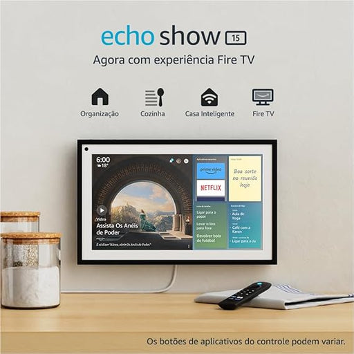 A Amazon Alexa Echo Show 15 + Comando Fire TV é uma assistente virtual Alexa com ecrã de 15.6", que através de comandos de voz permite controlar lâmpadas, fechaduras, sensores e tomadas inteligentes.