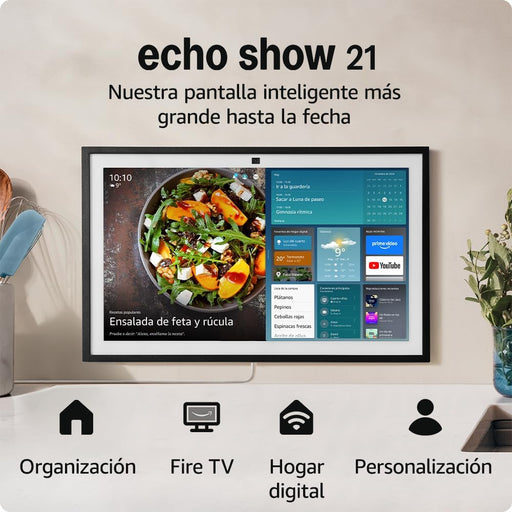 Controla lâmpadas, interruptores, tomadas, entre outros com a Echo Show 21, ecrã de 21". Faz videochamadas e vê conteúdos multimédia, como filmes e séries.