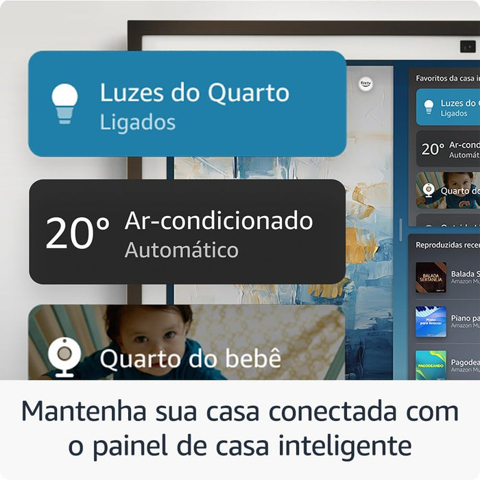 Controla lâmpadas, interruptores, tomadas, entre outros com a Echo Show 21, ecrã de 21". Faz videochamadas e vê conteúdos multimédia, como filmes e séries.