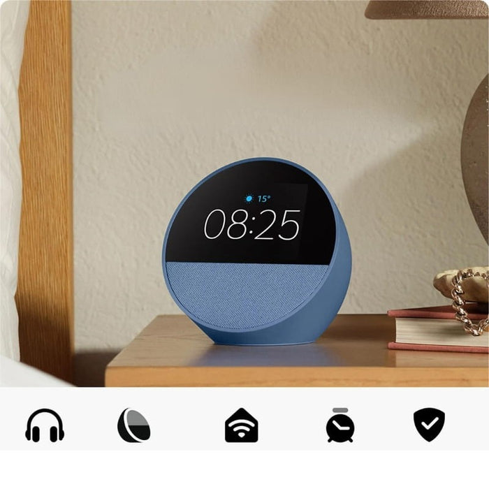 O Amazon Echo Spot é um elegante relógio inteligente com alarme, controlado por voz através da Alexa. Controla outros dispositivos. Ecrã tátil de 2,83''. WiFi de banda dupla. Design sofisticado. Bluetooth v5.0. 