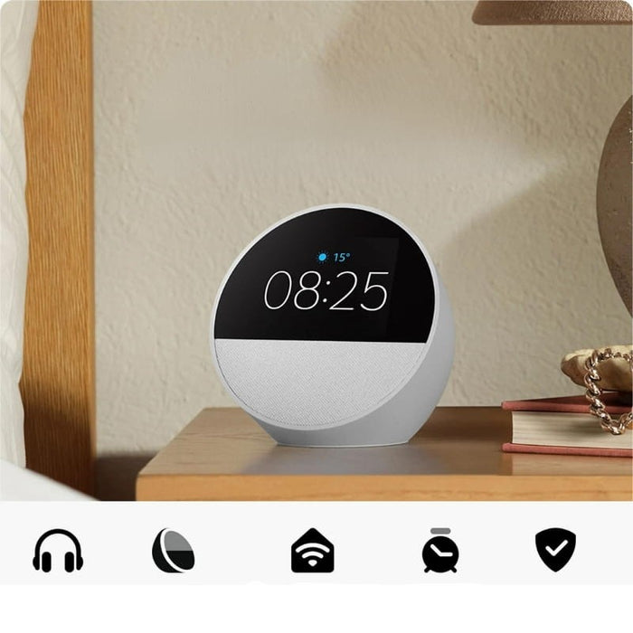 O Amazon Echo Spot é um elegante relógio inteligente com alarme, controlado por voz através da Alexa. Controla outros dispositivos. Ecrã tátil de 2,83''. WiFi de banda dupla. Design sofisticado. Bluetooth v5.0. 