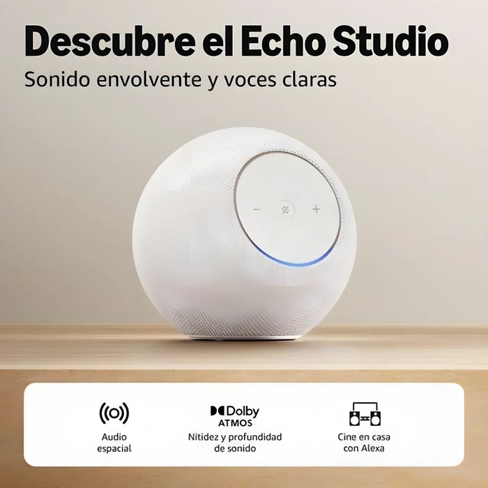 O Echo Studio é um altifalante inteligente projetado para oferecer áudio poderoso e envolvente, adaptando-se automaticamente ao ambiente para uma experiência sonora otimizada.