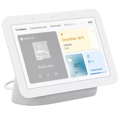 A assistente virtual Google Nest Hub 2ª Geração tem um ecrã de 7 polegadas e permite criar rotinas, definir alarmes e temporizadores. Tal como controlar lâmpadas, tomadas, interruptores e sensores inteligentes.