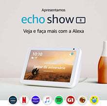 Load image into Gallery viewer, A Echo Show 8 é uma assistente virtual (Alexa) com ecrã de 8&quot;, que através de comandos de voz permite controlar lâmpadas, fechaduras, sensores e tomadas inteligentes.
