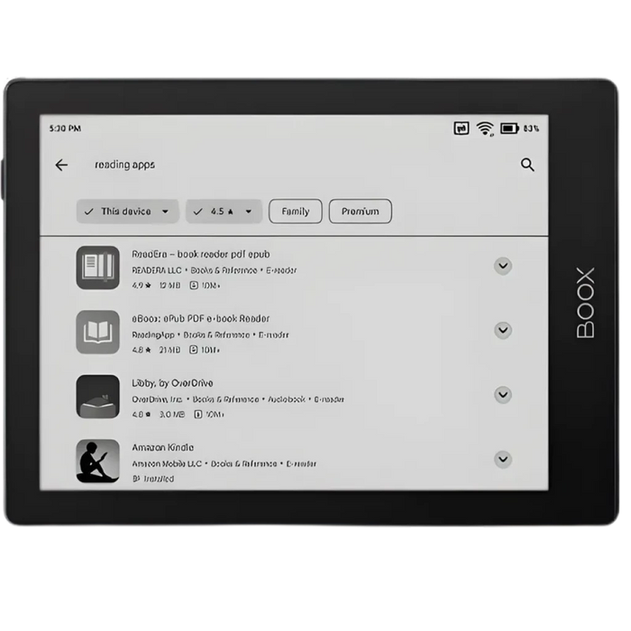 O Boox Go 6 combina o sistema Android 11 aberto com um ecrã E Ink Carta 1300 de 6 polegadas e uma densidade de 300 ppi, o que se traduz num texto nítido comparável ao papel impresso.