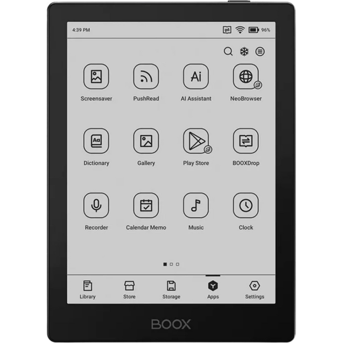 O Boox Go 6 combina o sistema Android 11 aberto com um ecrã E Ink Carta 1300 de 6 polegadas e uma densidade de 300 ppi, o que se traduz num texto nítido comparável ao papel impresso.