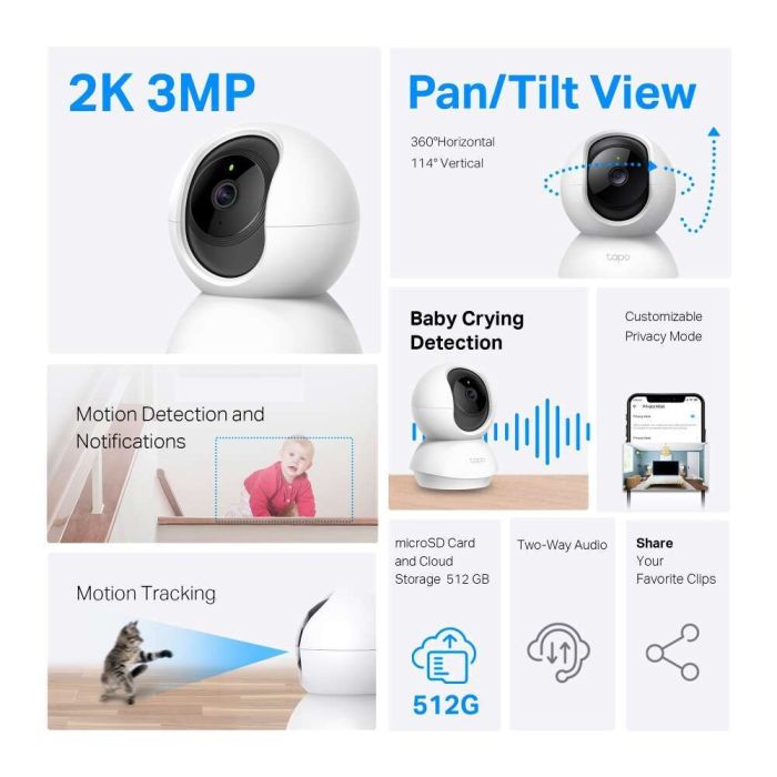 Câmara de vigilância TP-Link Tapo C210 WiFi com visão noturna, 3MP, detecção de movimento, envio de notificações e controlo por voz Google e Alexa.