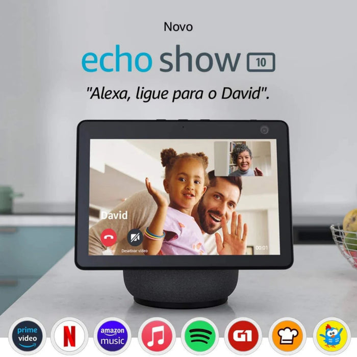 A Echo Show 10 é uma assistente virtual (Alexa) com ecrã de 10.1", que através de comandos de voz permite controlar lâmpadas, fechaduras, sensores e tomadas inteligentes.