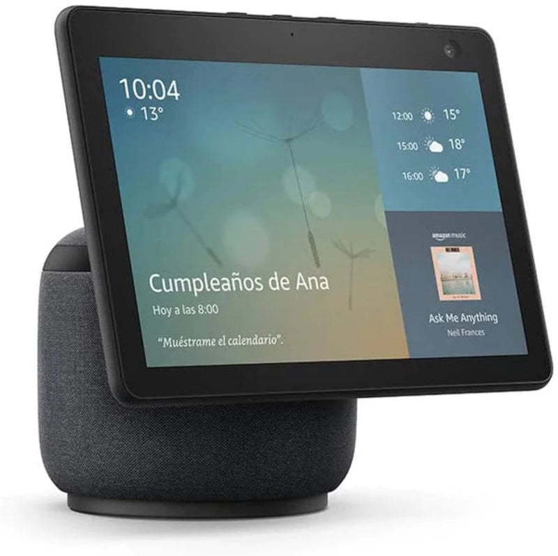 A Echo Show 10 é uma assistente virtual (Alexa) com ecrã de 10.1", que através de comandos de voz permite controlar lâmpadas, fechaduras, sensores e tomadas inteligentes.