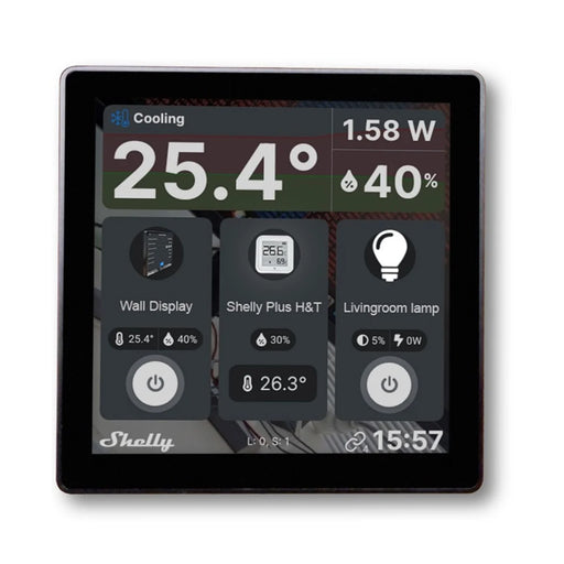 O Shelly Wall Display é um painel de controlo doméstico inteligente, baseado no sistema Android e funcionalidade de comutação de um circuito. Ecrã táctil de 4" de alta qualidade. Controlo On/Off inovador e prático. Sensor integrado de temperatura/humidade e luminosidade. Relé integrado para controlo da iluminação.