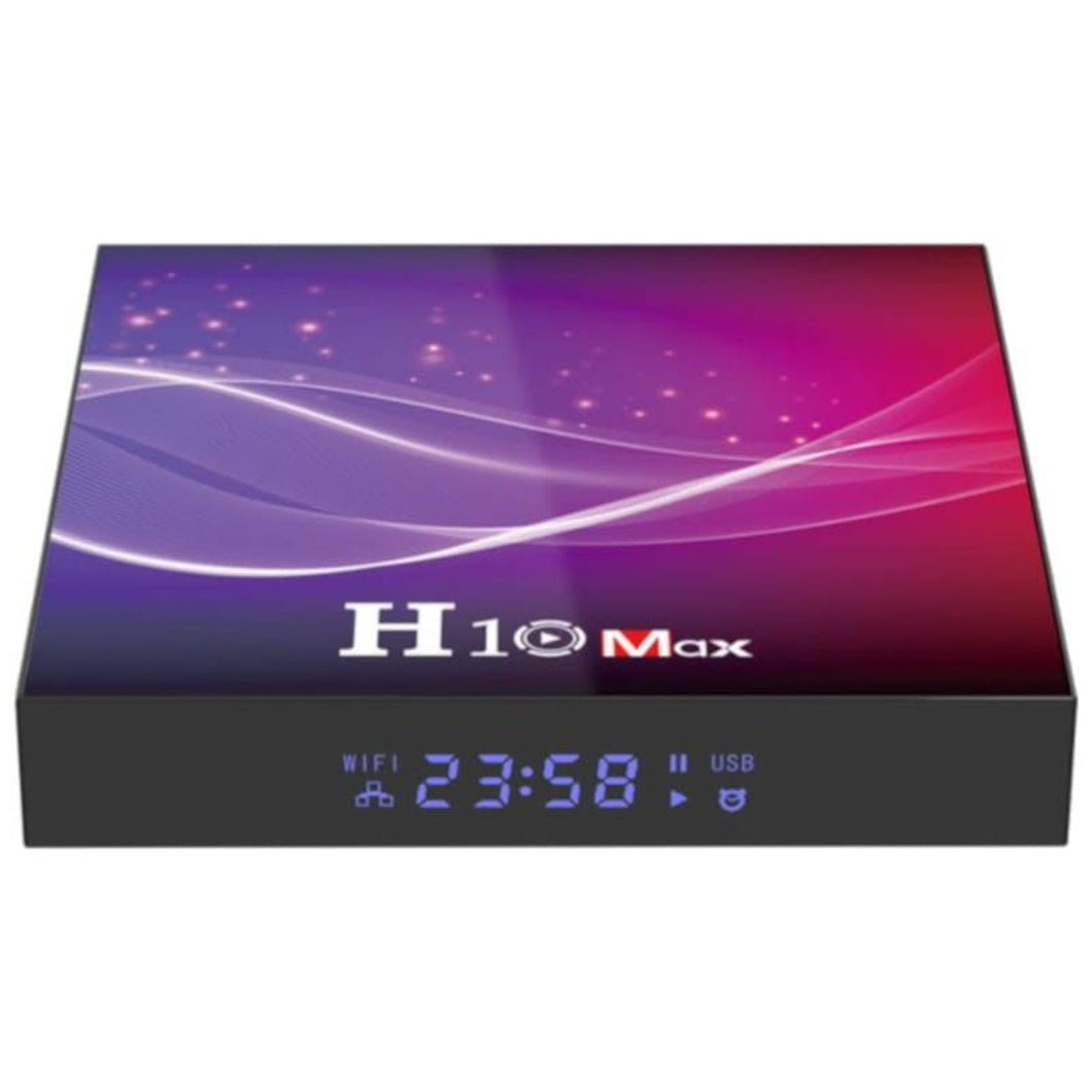 TV Box Android H10 MAX 6K. Processador Allwinner H616 Quad Core; Núcleos 4x Cortex A53; RAM: 4GB DDR3L; ROM: 32GB de memória; Android 10