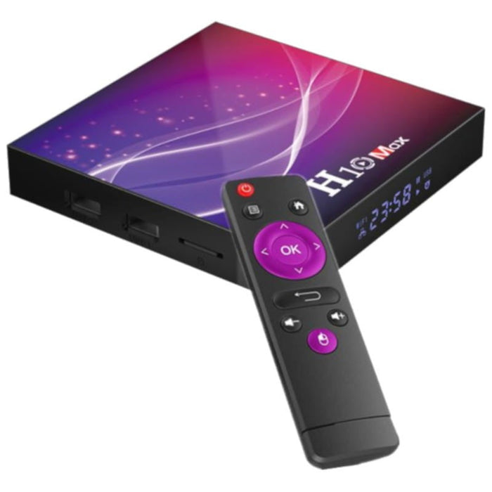 A box Android H10 MAX 6K tem 4GB RAM, 64GB ROM, Processador Allwinner H616 Quad Core; 4 Núcleos Cortex A53 e Android 10. Transforma qualquer TV numa Smart TV.