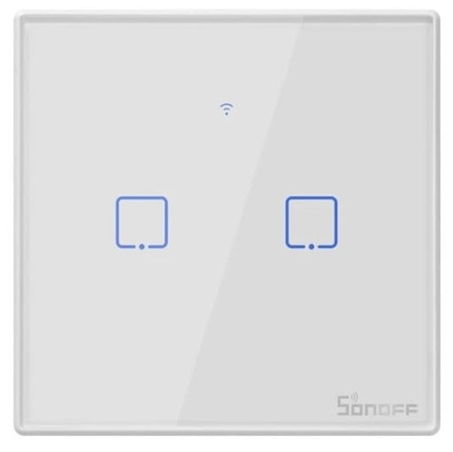 Interruptor de Parede Duplo Táctil/Touch Inteligente Wi-Fi Branco em Vidro de Encastrar - Sonoff T0EU2C-TX. Permite ligar ou desligar remotamente a luz da sua casa através de um comando de voz ou App eWelink.