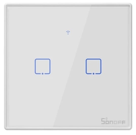 Interruptor de Parede Duplo Táctil/Touch Inteligente Wi-Fi Branco em Vidro de Encastrar - Sonoff T0EU2C-TX. Permite ligar ou desligar remotamente a luz da sua casa através de um comando de voz ou App eWelink.