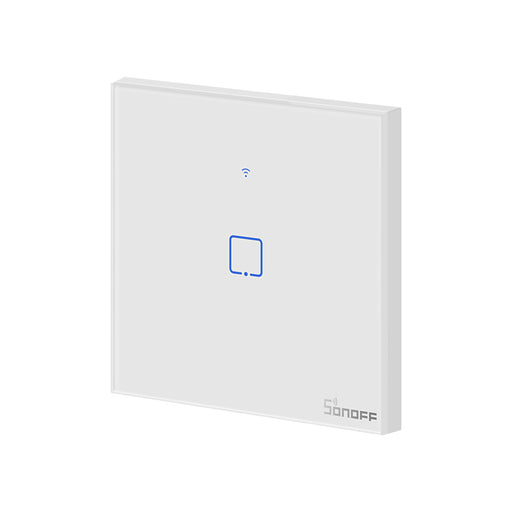 Interruptor de Parede Simples Táctil/Touch Inteligente Wi-Fi+RF Branco em Vidro de Encastrar - Sonoff T1EU1C-TX. Permite ligar ou desligar remotamente a luz da sua casa através de um comando de voz ou App eWelink.