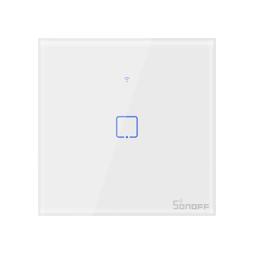 Interruptor de Parede Simples Táctil/Touch Inteligente Wi-Fi+RF Branco em Vidro de Encastrar - Sonoff T1EU1C-TX. Permite ligar ou desligar remotamente a luz da sua casa através de um comando de voz ou App eWelink.