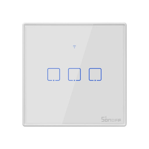 Interruptor de Parede Triplo Táctil/Touch Inteligente Wi-Fi+RF Branco em Vidro de Encastrar - Sonoff T1EU3C-TX. Permite ligar ou desligar remotamente a luz da sua casa através de um comando de voz ou App eWelink.