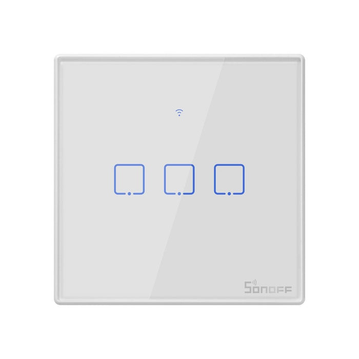 Interruptor de Parede Triplo Táctil/Touch Inteligente Wi-Fi+RF Branco em Vidro de Encastrar - Sonoff T1EU3C-TX. Permite ligar ou desligar remotamente a luz da sua casa através de um comando de voz ou App eWelink.