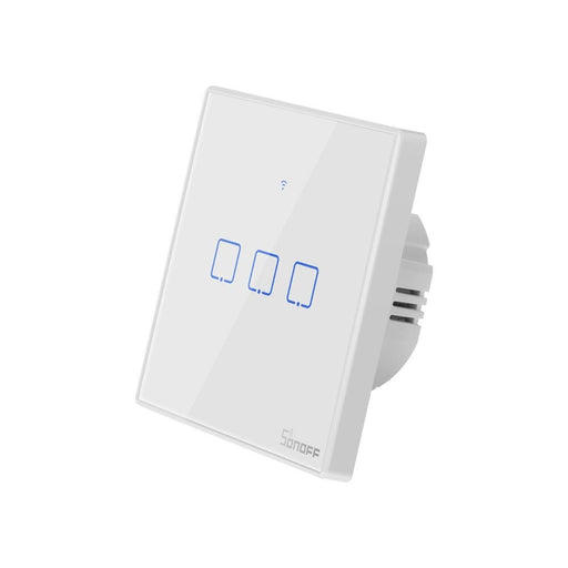 Interruptor de Parede Triplo Táctil/Touch Inteligente Wi-Fi+RF Branco em Vidro de Encastrar - Sonoff T1EU3C-TX. Permite ligar ou desligar remotamente a luz da sua casa através de um comando de voz ou App eWelink.