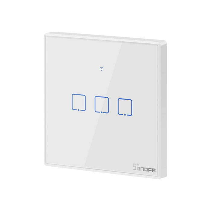 Interruptor de Parede Triplo Táctil/Touch Inteligente Wi-Fi+RF Branco em Vidro de Encastrar - Sonoff T1EU3C-TX. Permite ligar ou desligar remotamente a luz da sua casa através de um comando de voz ou App eWelink.