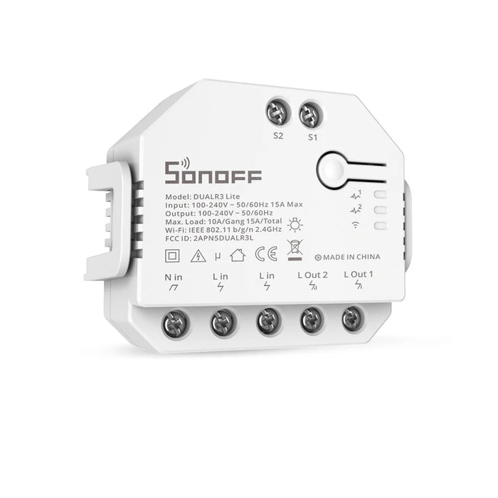 O DUAL R3 Lite é um módulo de interruptor duplo inteligente com relés controláveis por Wi-Fi ou com comandos de voz através da assistente Alexa ou Google. Permite controlar remotamente as suas luzes, persianas/estores ou outros dispositivos elétricos.