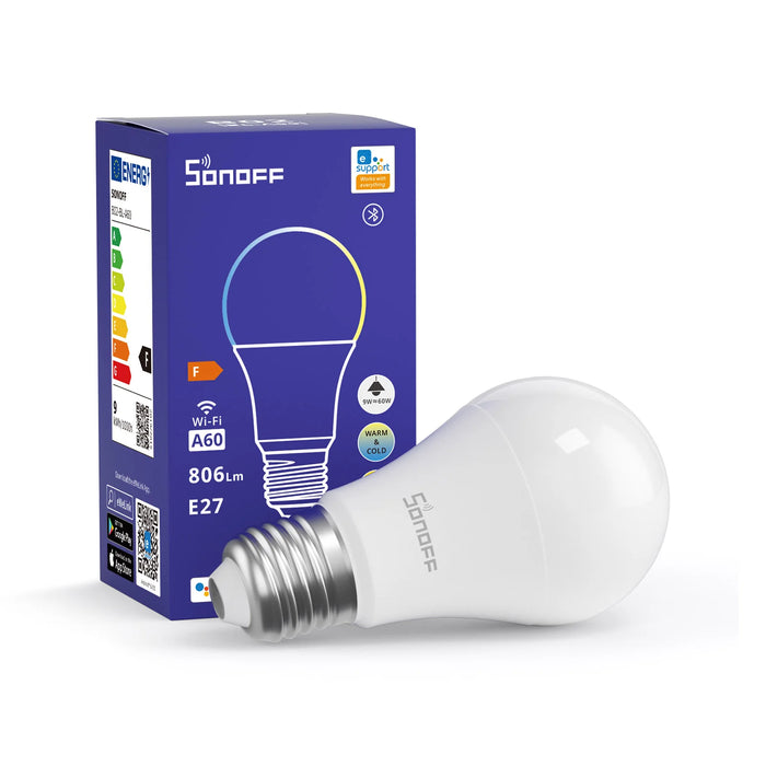 A Lâmpada LED inteligente Sonoff B02-Bl-A60 pode fazer mais do que ligar e desligar. Controle a intensidade e temperatura da cor (de 2700K a 6500K). Ligar ou desligar com comandos de voz com a Alexa ou o Google Assistant.