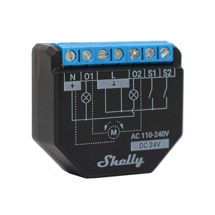 Módulo Shelly Plus 2PM para controlo de dois aparelhos elétricos ou um motor de estores/persianas/cortinas, com medição precisa da potência e energia consumida.