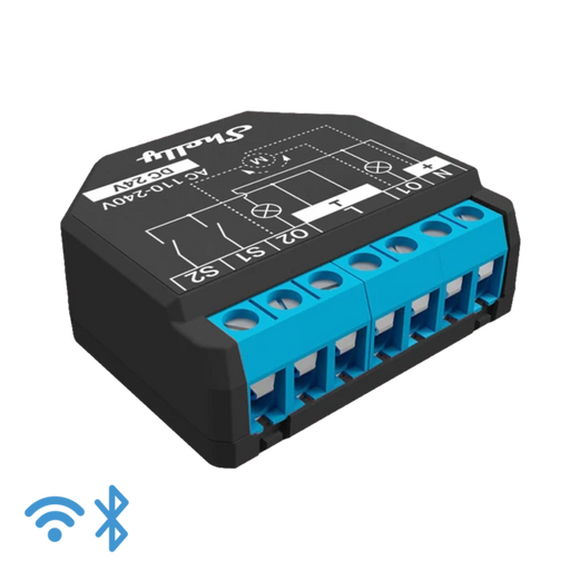 Módulo Shelly Plus 2PM para controlo de dois aparelhos elétricos ou um motor de estores/persianas/cortinas, com medição precisa da potência e energia consumida.