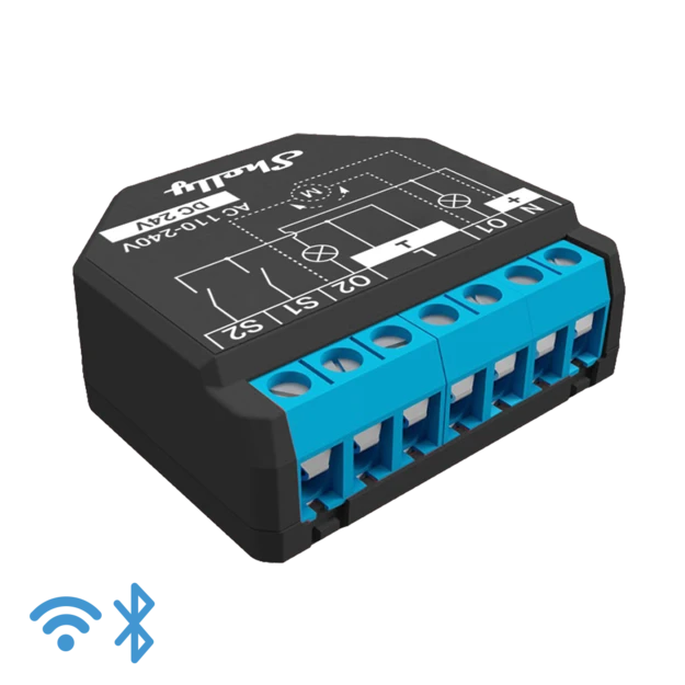 Módulo Shelly Plus 2PM para controlo de dois aparelhos elétricos ou um motor de estores/persianas/cortinas, com medição precisa da potência e energia consumida.