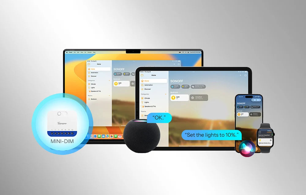 O Sonoff MINI-ZBDIM Zigbee é um controlador e dimmer inteligente de embutir que oferece ajuste suave de brilho de 0 a 100%, ligar/desligar, programações, temporizadores, cenas, monitorazação de energia e controlo através da aplicação e voz.