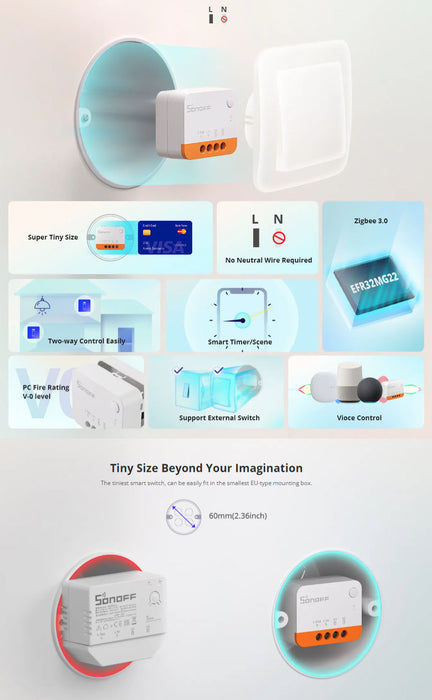 O Interruptor Sonoff ZBMINIL2 funciona sem neutro e permite controlar remotamente lâmpadas ou outros dispositivos elétricos com correntes inferiores a 6A. Permite programar o ligar/desligar com base na hora.