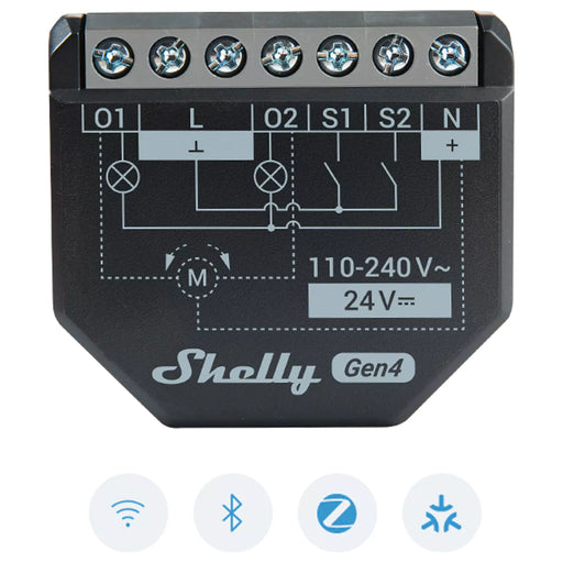 Módulo Shelly 2PM Gen4 para controlo de dois aparelhos elétricos ou um motor de estores/persianas/cortinas, com medição precisa da potência e energia consumida.